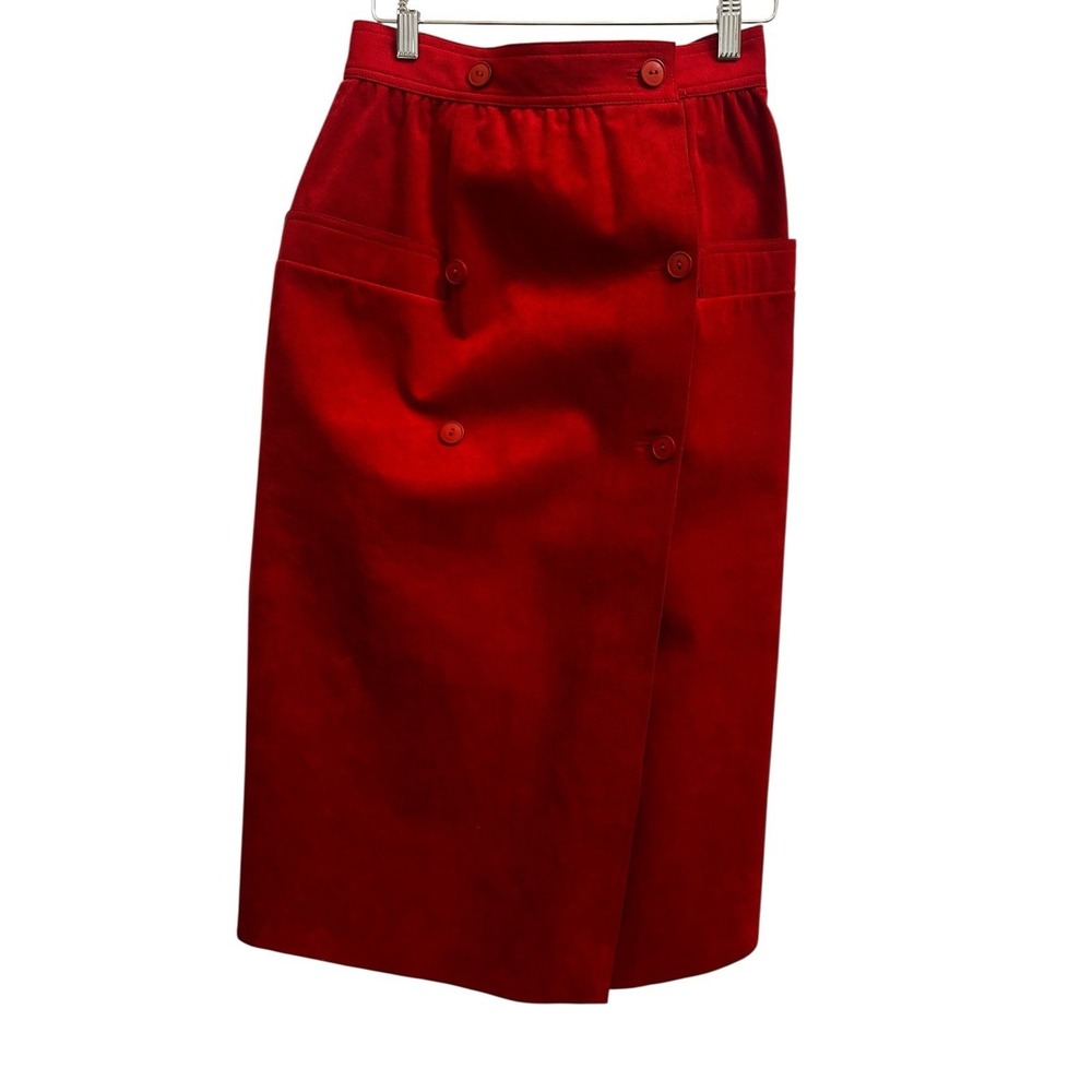 Bill Blass Suede Wrap Midi Skirt Vintage 70s Blassport Red Sailor Button‎ Size 8
